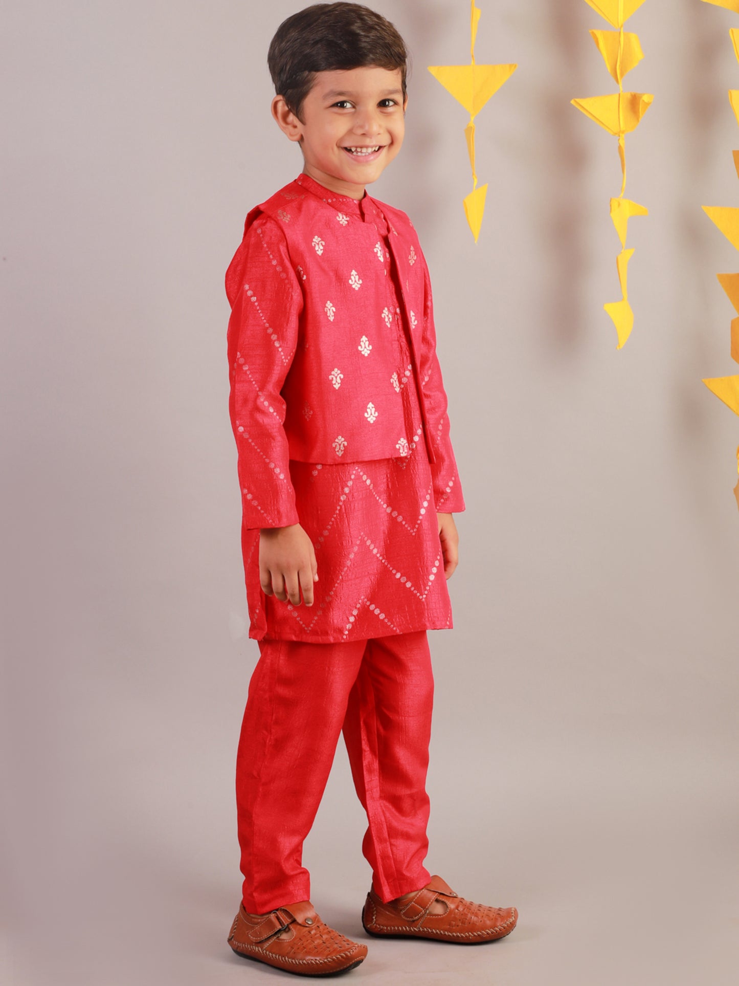 Boy - Red Kurta Pyjama Jacket Set Raw Silk