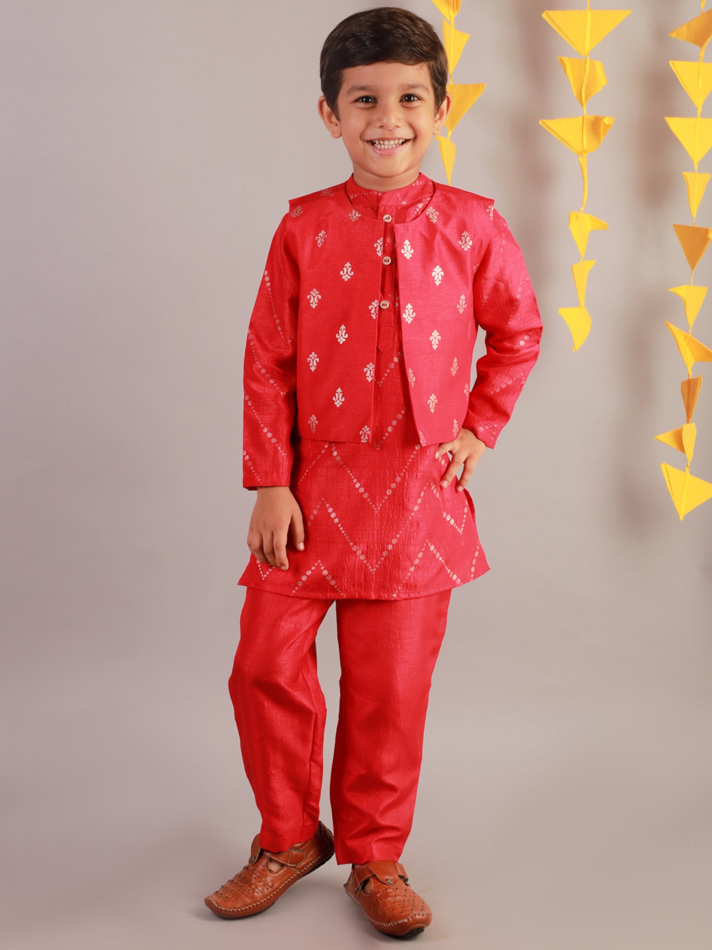 Boy - Red Kurta Pyjama Jacket Set Raw Silk