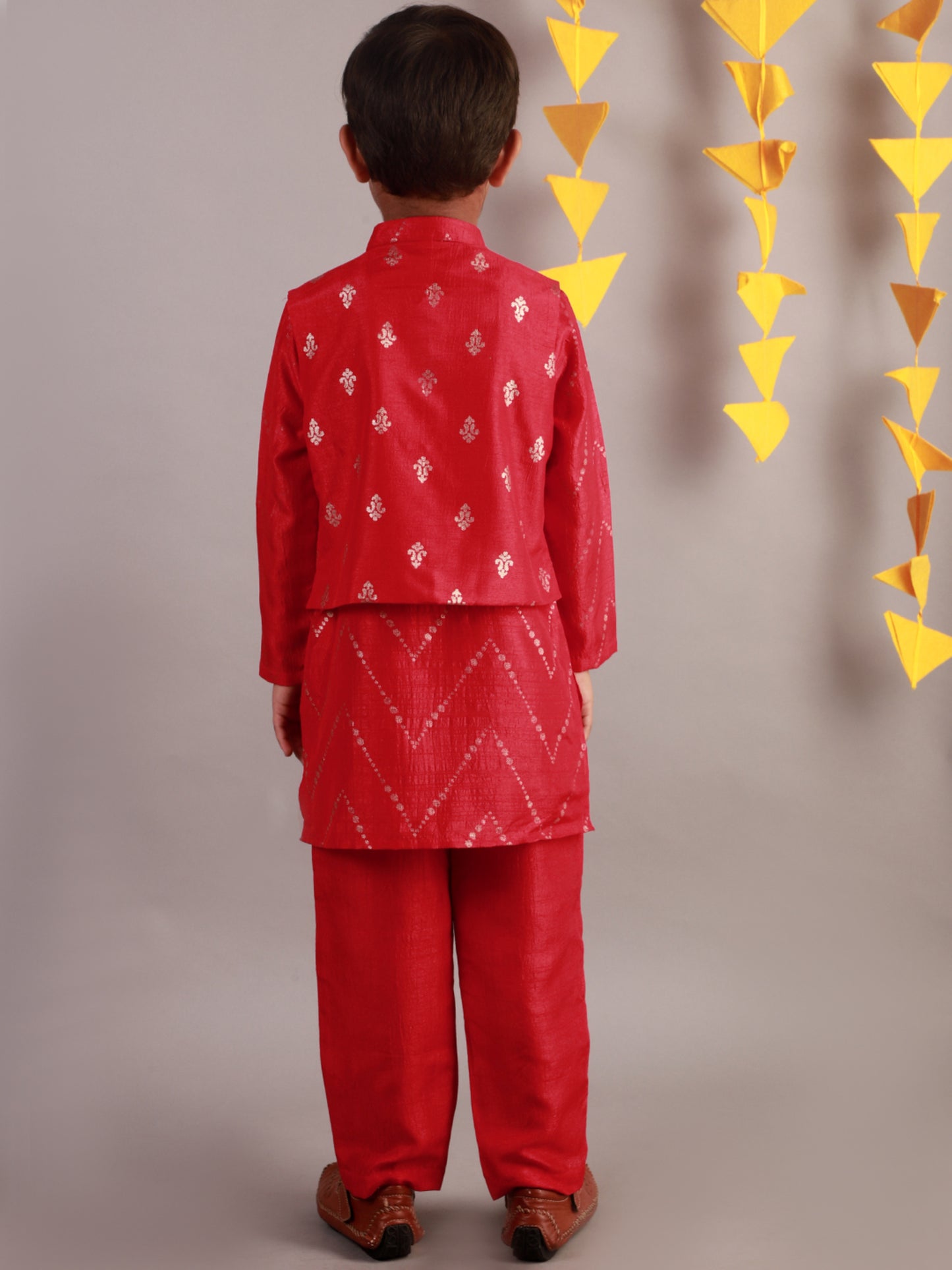 Boy - Red Kurta Pyjama Jacket Set Raw Silk