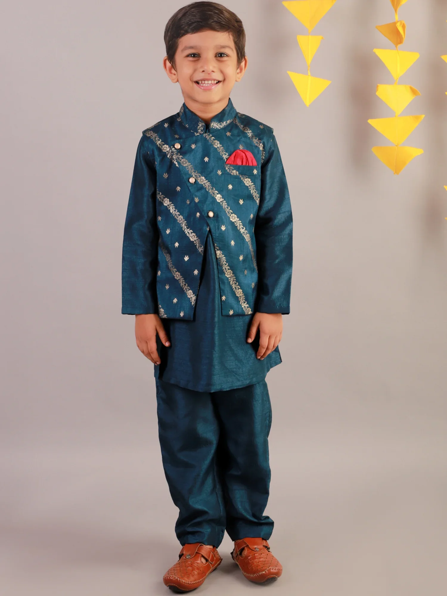 Boy - Blue Raw Silk Kurta Pyjama Jacket