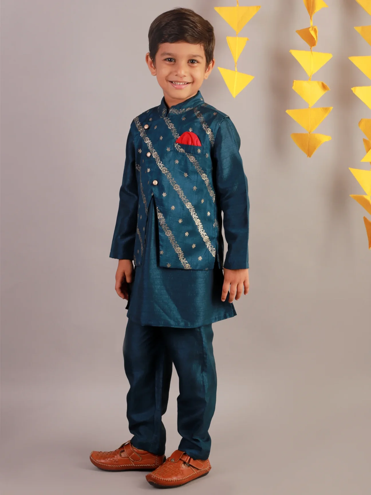 Boy - Blue Raw Silk Kurta Pyjama Jacket