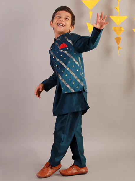 Boy - Blue Raw Silk Kurta Pyjama Jacket