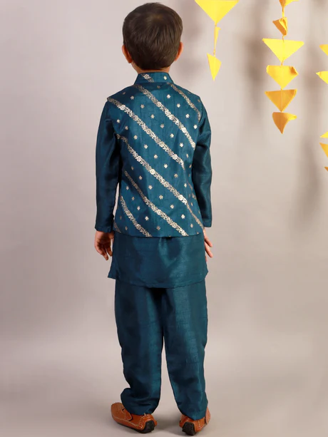 Boy - Blue Raw Silk Kurta Pyjama Jacket