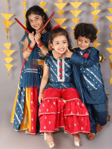 Boy - Blue Raw Silk Kurta Pyjama Jacket