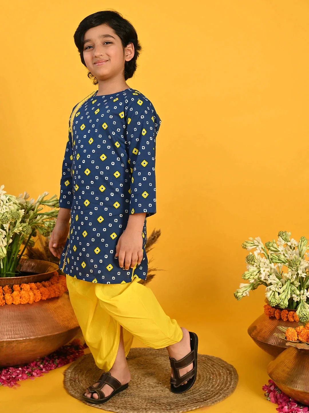 Boy - Blue Bandhani Print Cotton Kurta With Yellow Dhoti