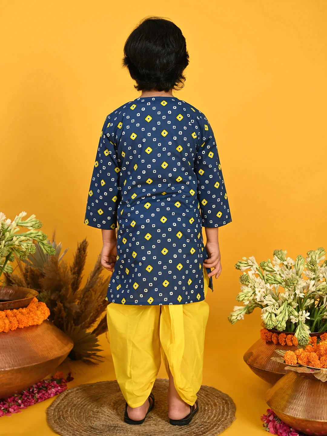 Boy - Blue Bandhani Print Cotton Kurta With Yellow Dhoti