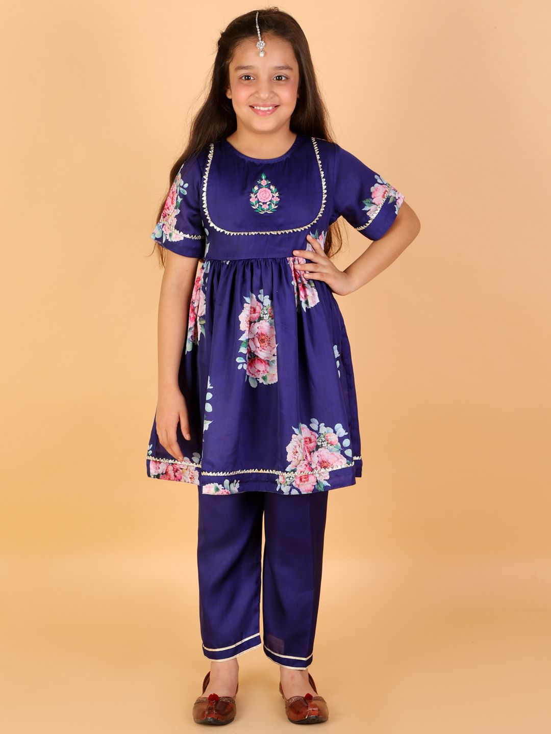Girl Blue Floral Print Silk Kurta Pant Set