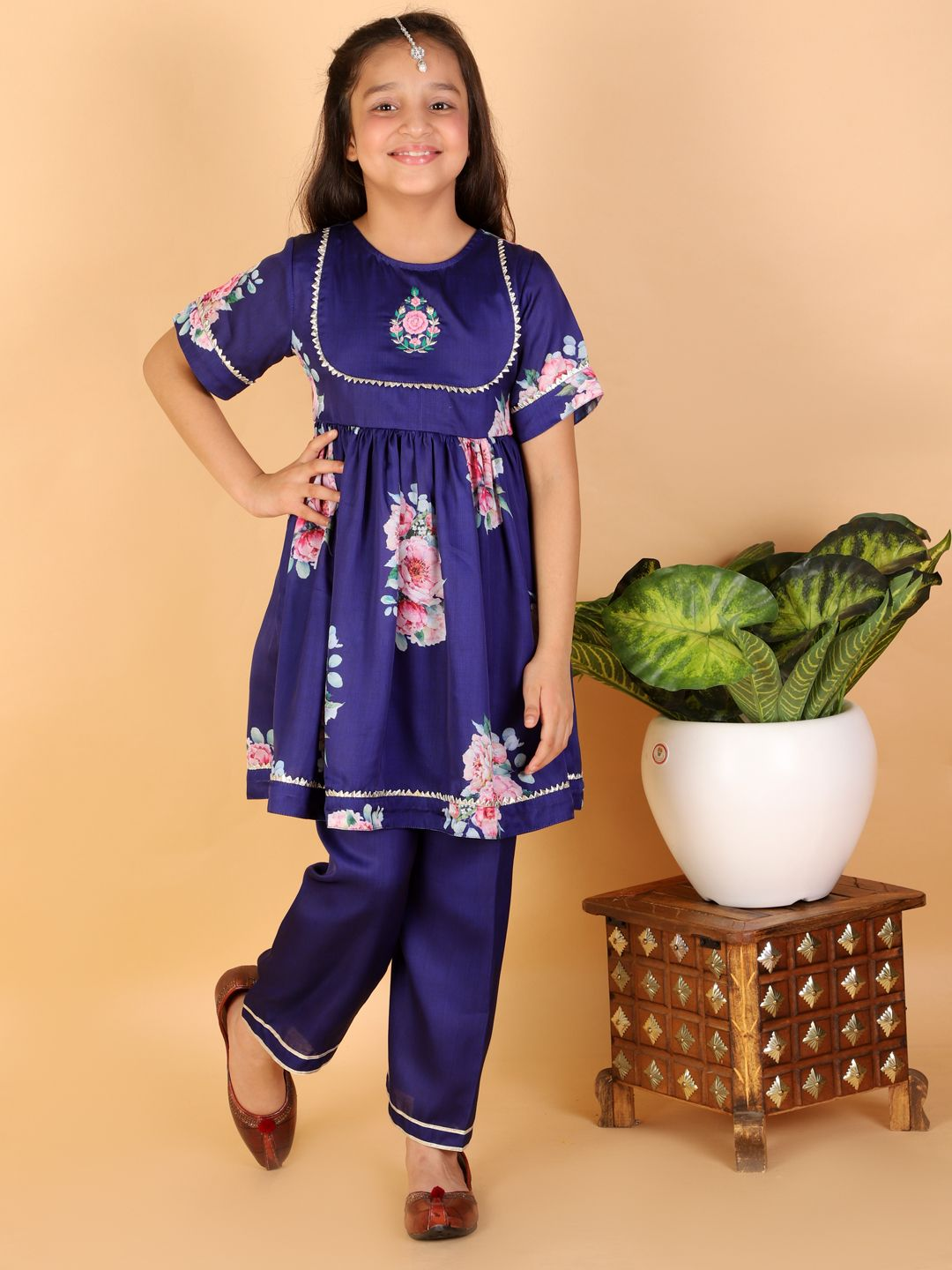Girl Blue Floral Print Silk Kurta Pant Set