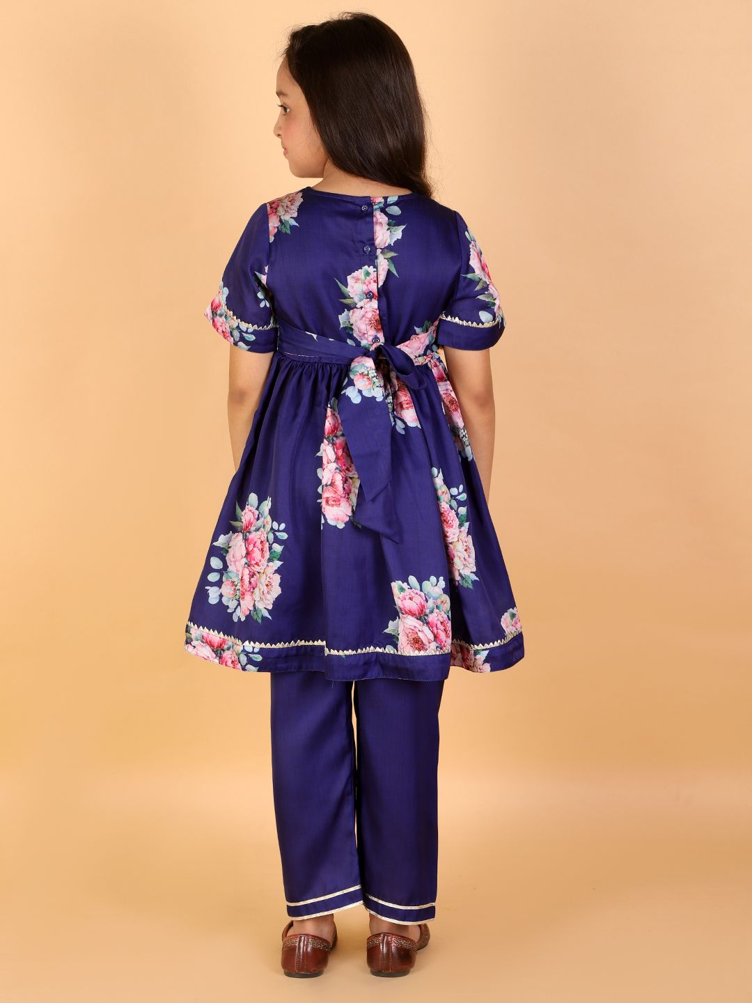 Girl Blue Floral Print Silk Kurta Pant Set