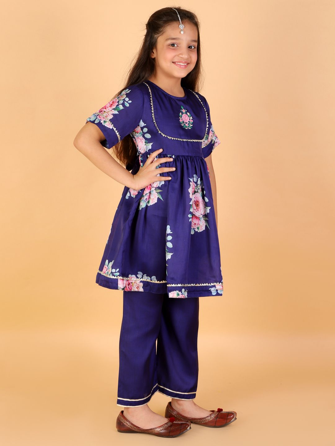 Girl Blue Floral Print Silk Kurta Pant Set