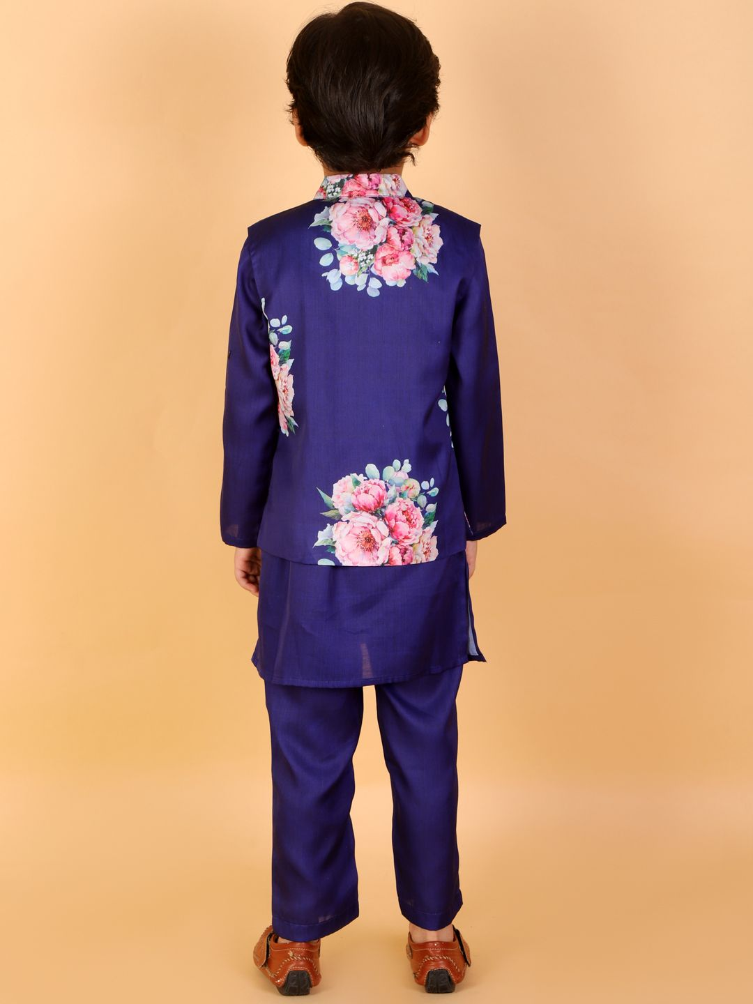 Boy Blue Floral Print Silk Kurta Pyjama & Jacket Set