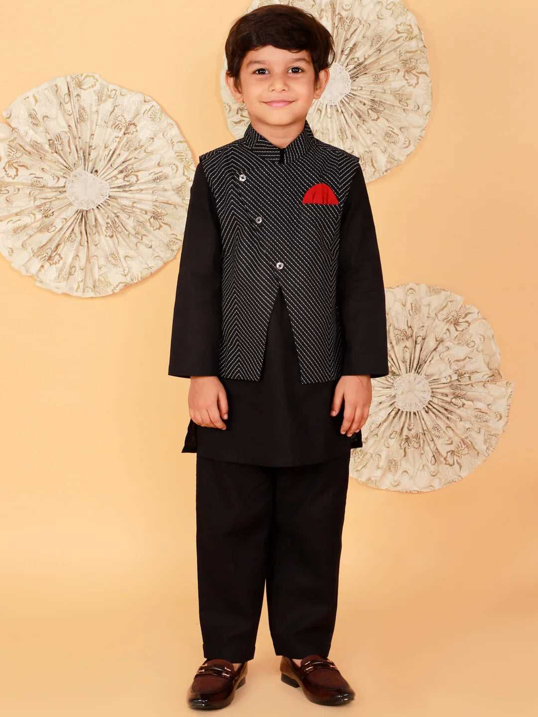 Boy Black Cotton Kurta Pyjama & Jacket