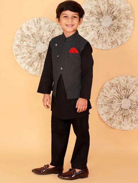 Boy Black Cotton Kurta Pyjama & Jacket