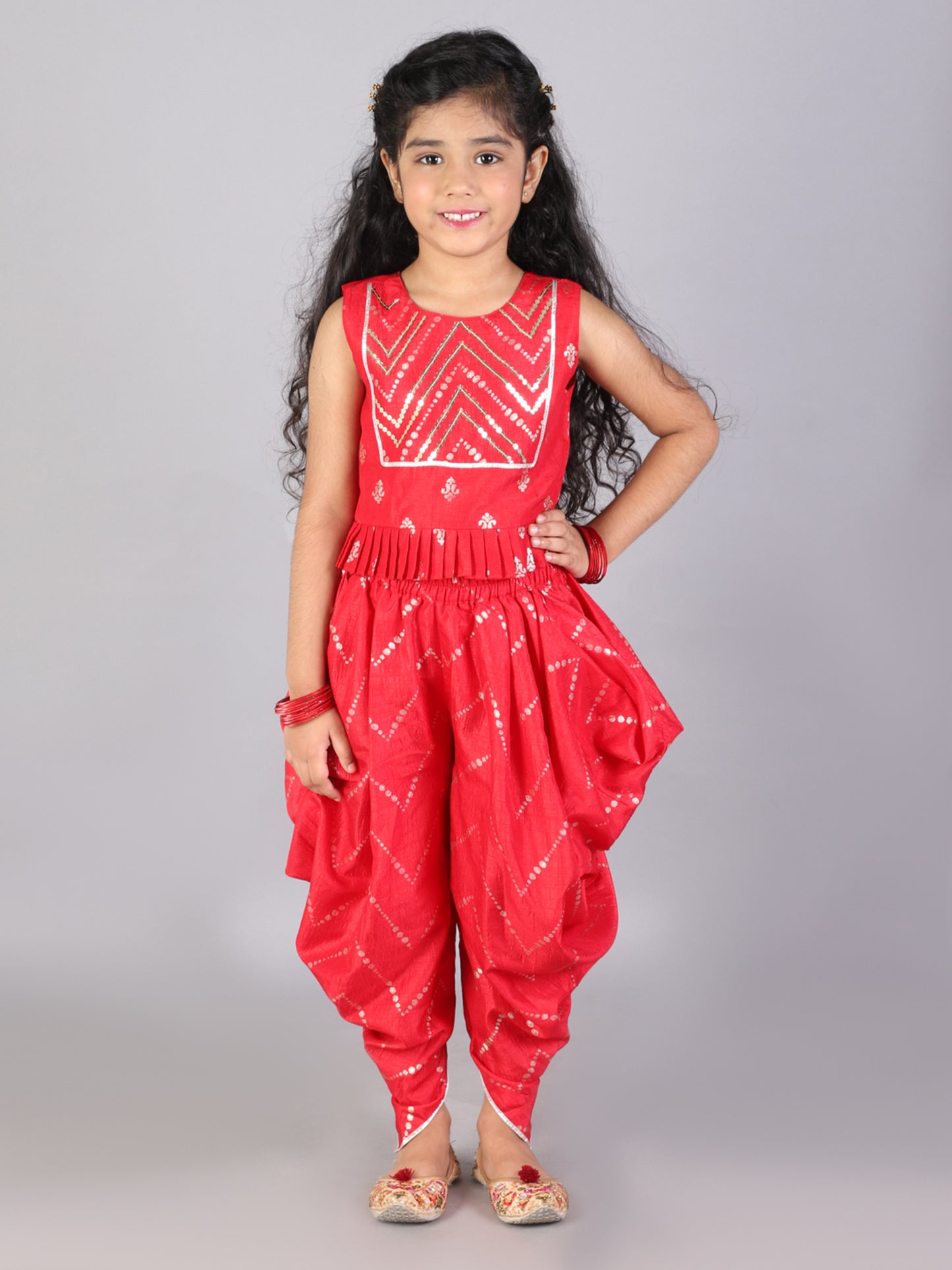 Girl - Red Crop Top with Dhoti Set