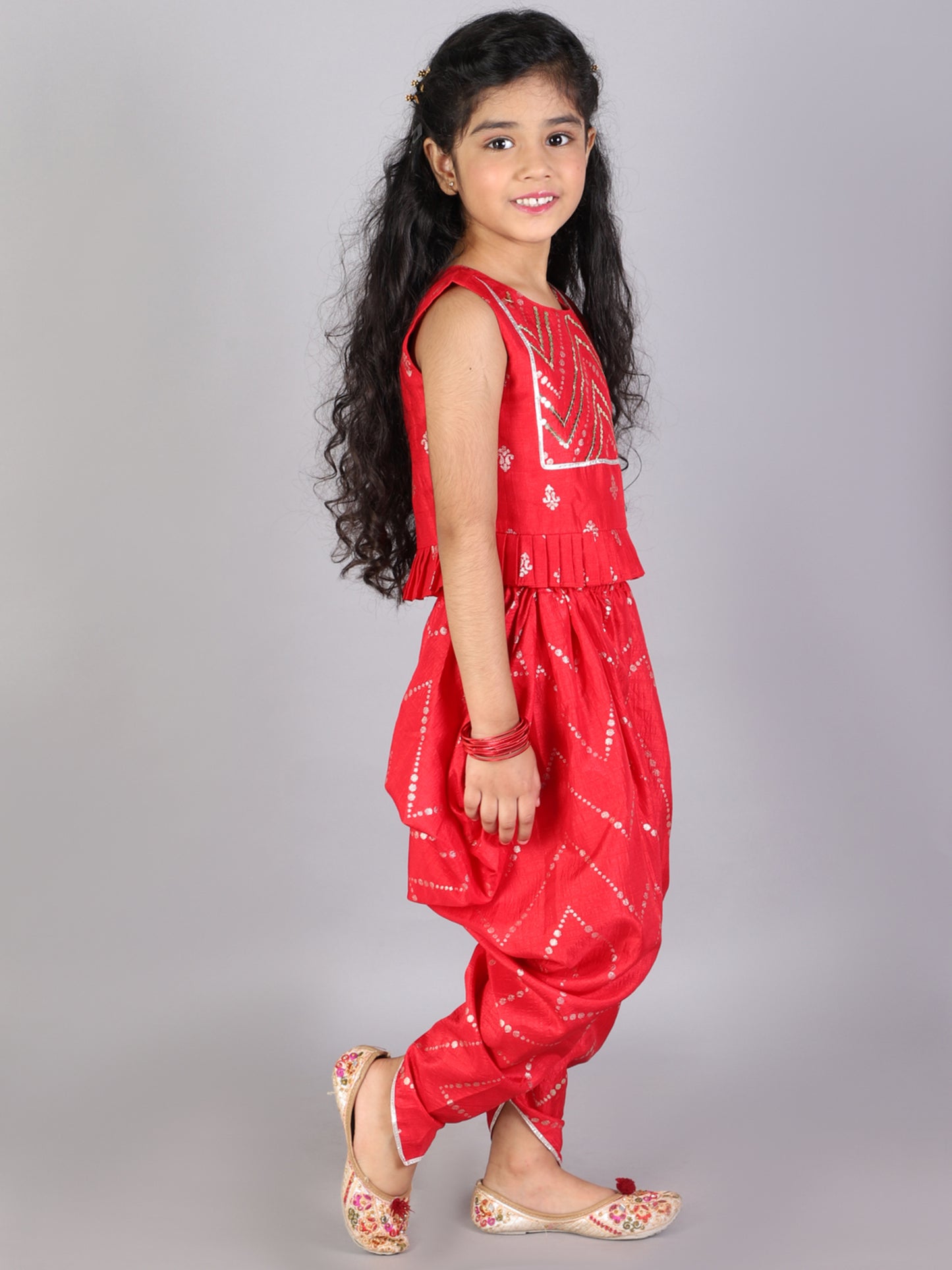 Girl - Red Crop Top with Dhoti Set