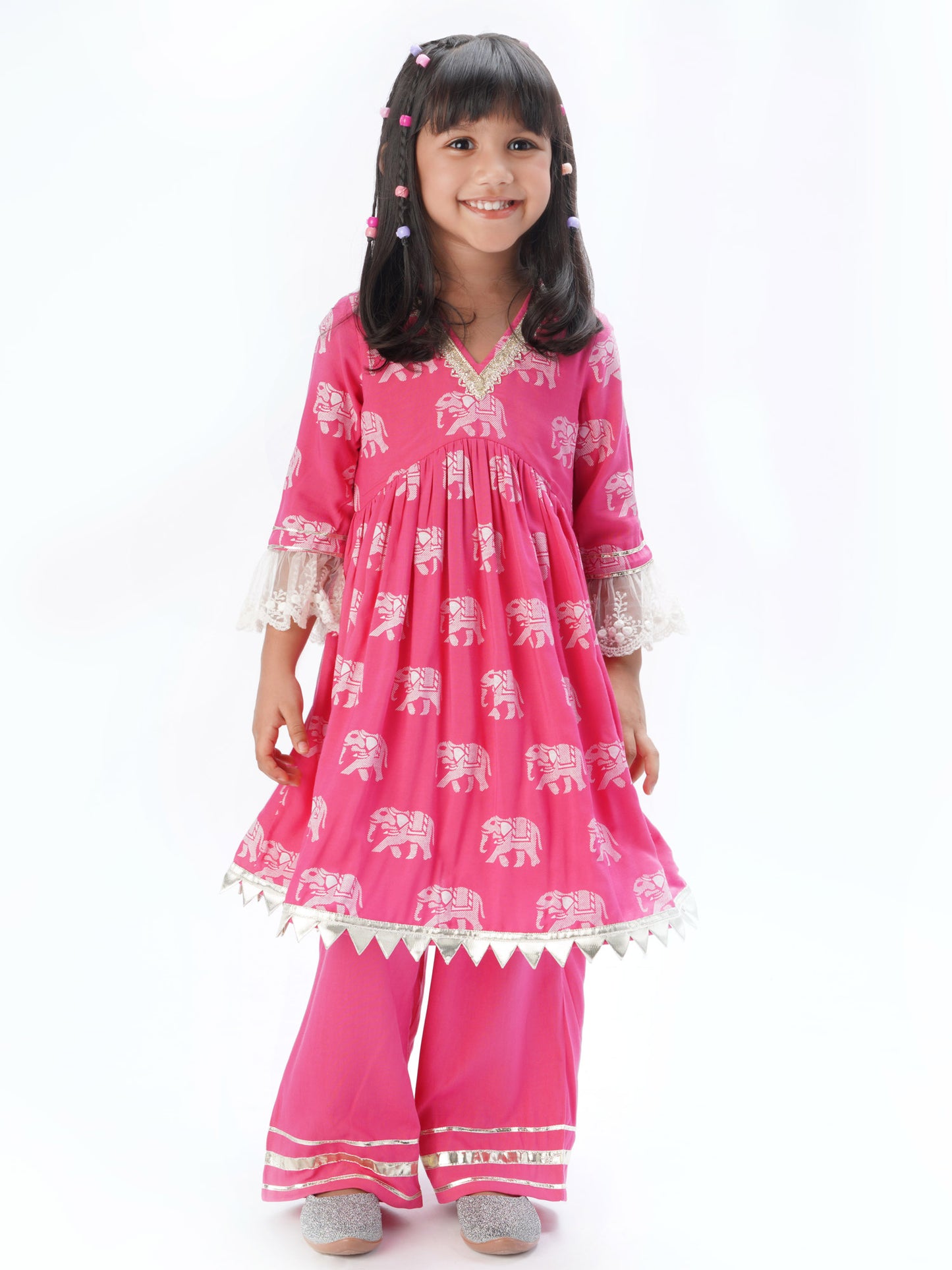 Girl - Pink Kurta with Pant Set Elephant print
