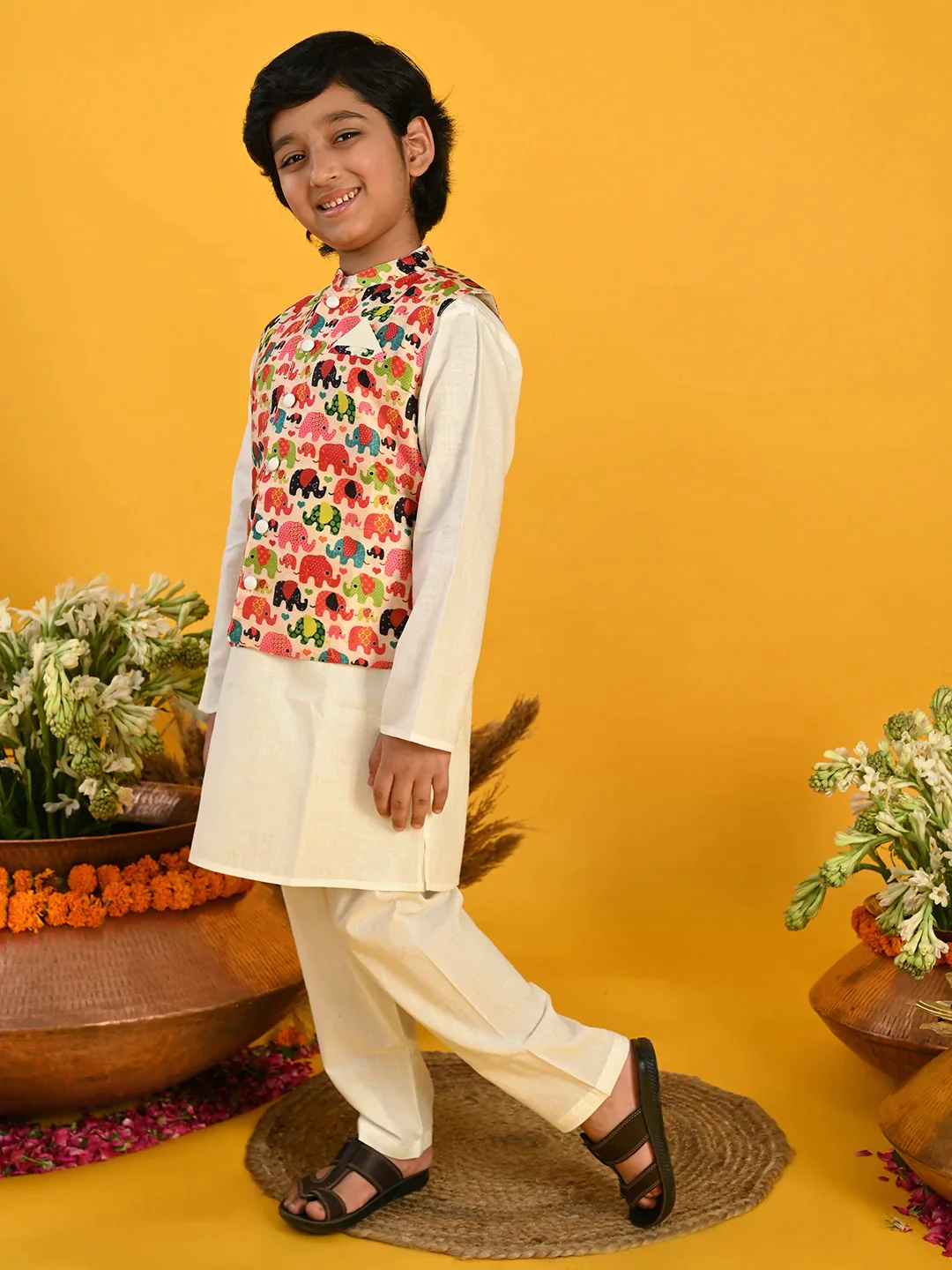 Boy - Cream Kurta with Elephant print Jacket with Pyjama