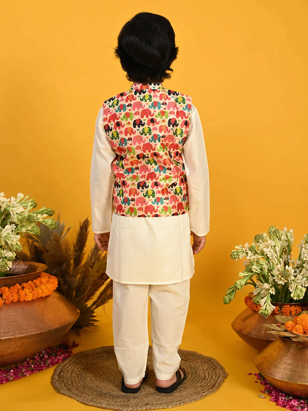 Boy - Cream Kurta with Elephant print Jacket with Pyjama