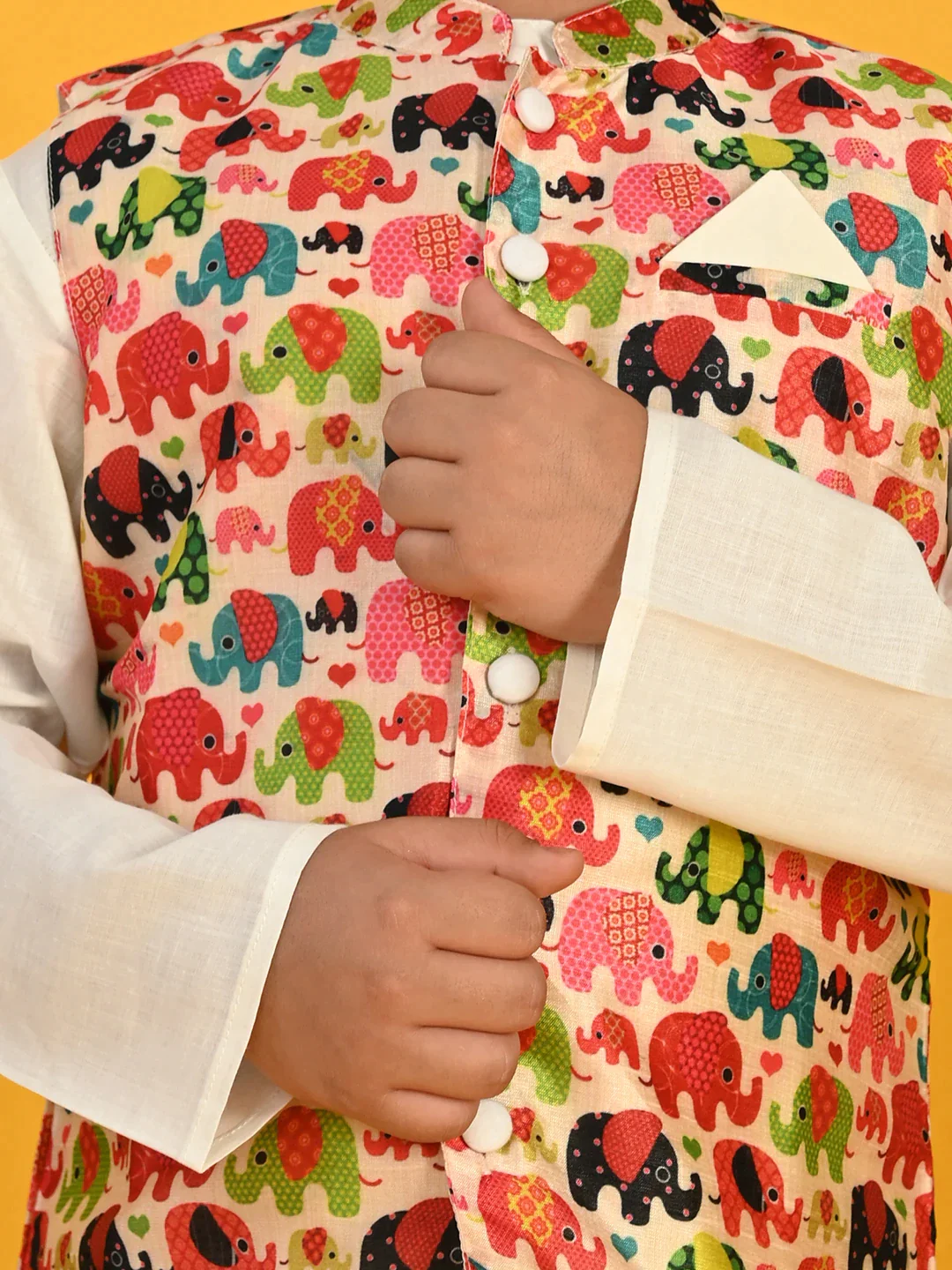 Boy - Cream Kurta with Elephant print Jacket with Pyjama