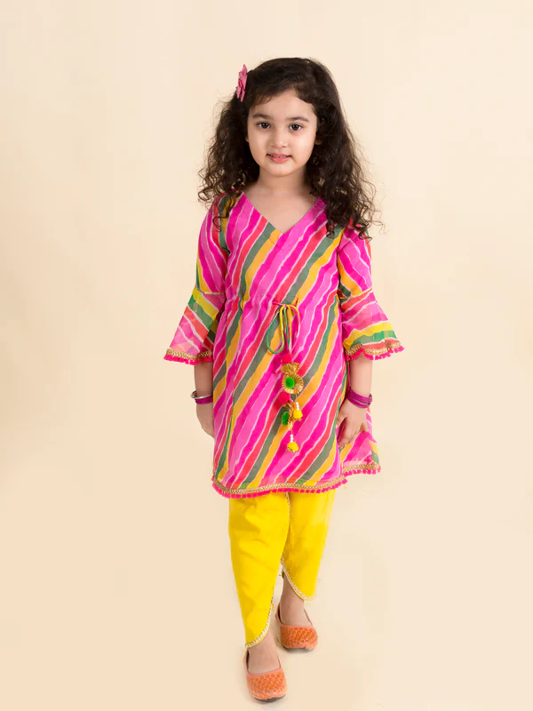 Girl - Pink Lehariya Kurta with Yellow Dhoti