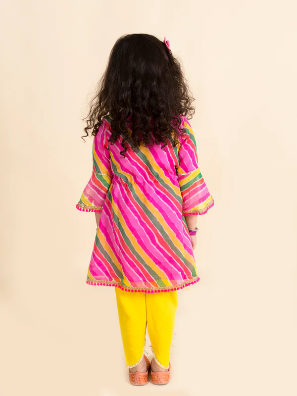 Girl - Pink Lehariya Kurta with Yellow Dhoti