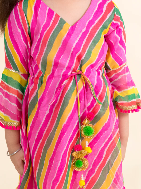 Girl - Pink Lehariya Kurta with Yellow Dhoti
