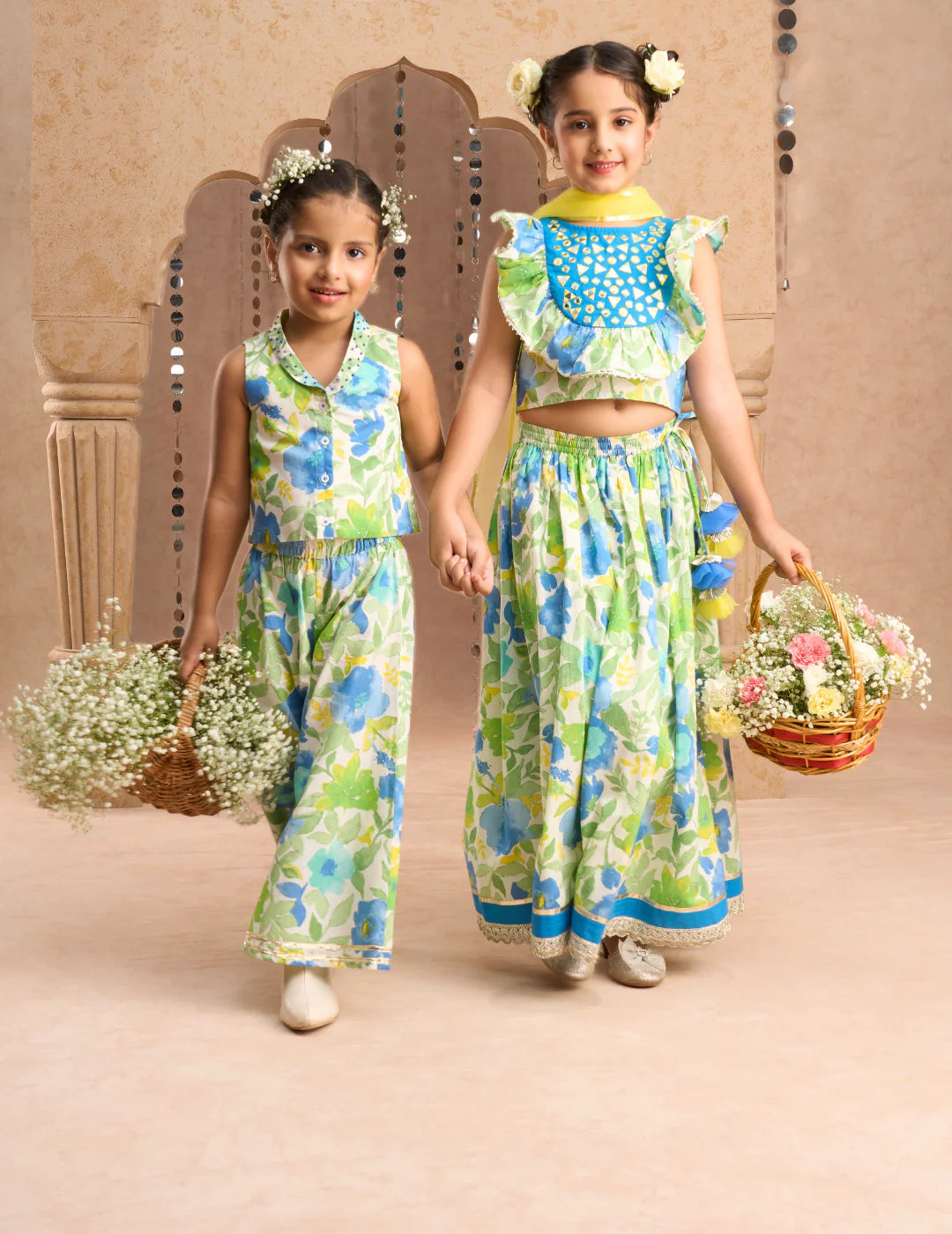 Girl Green & Blue Floral Lehanga Choli with Dupatta