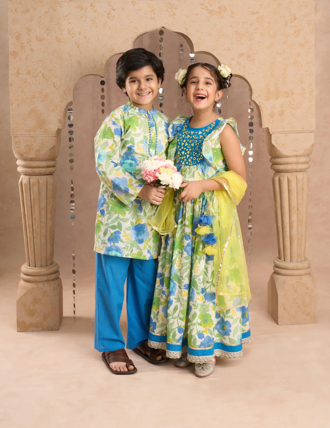 Girl Green & Blue Floral Lehanga Choli with Dupatta