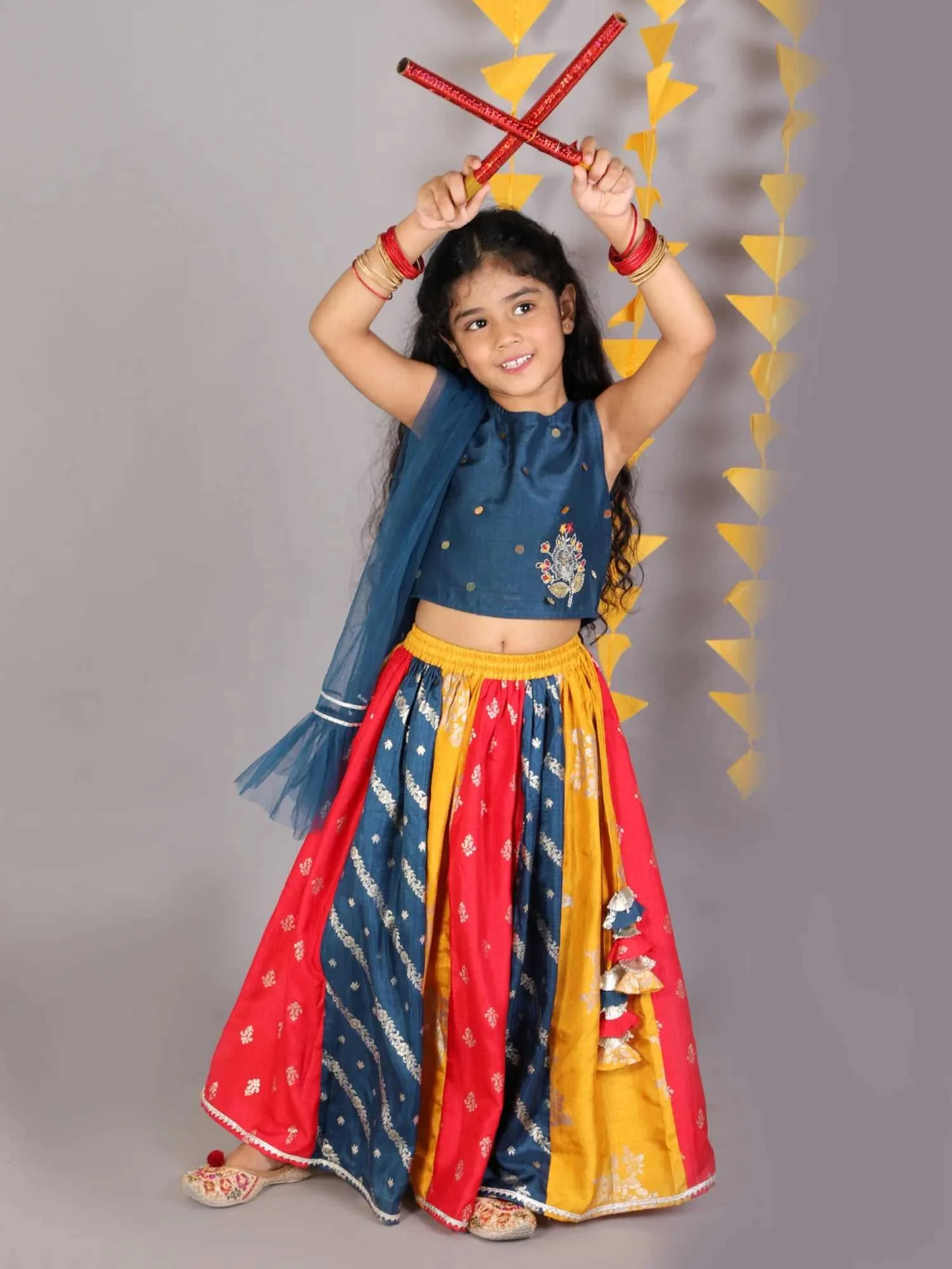 Girl - Blue Multicolor Lehanga Raw Silk