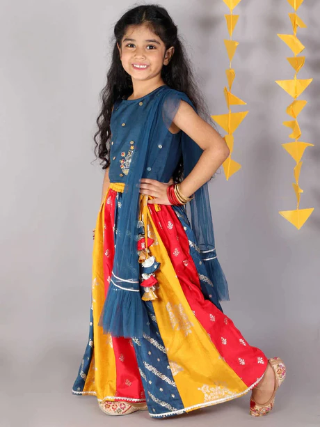 Girl - Blue Multicolor Lehanga Raw Silk