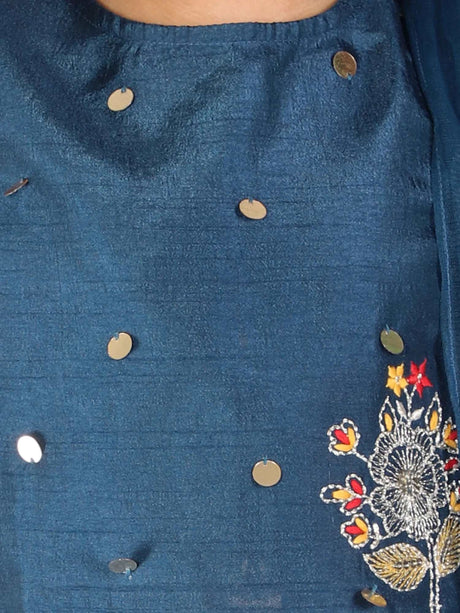 Girl - Blue Multicolor Lehanga Raw Silk