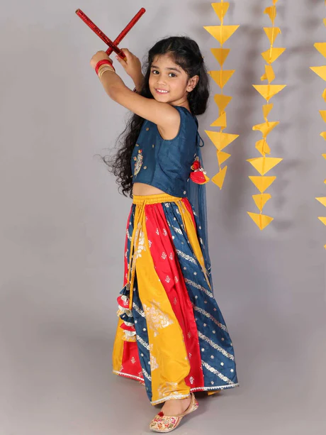 Girl - Blue Multicolor Lehanga Raw Silk