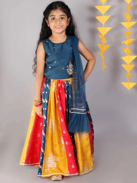Girl - Blue Multicolor Lehanga Raw Silk