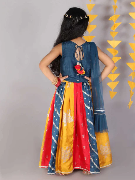 Girl - Blue Multicolor Lehanga Raw Silk