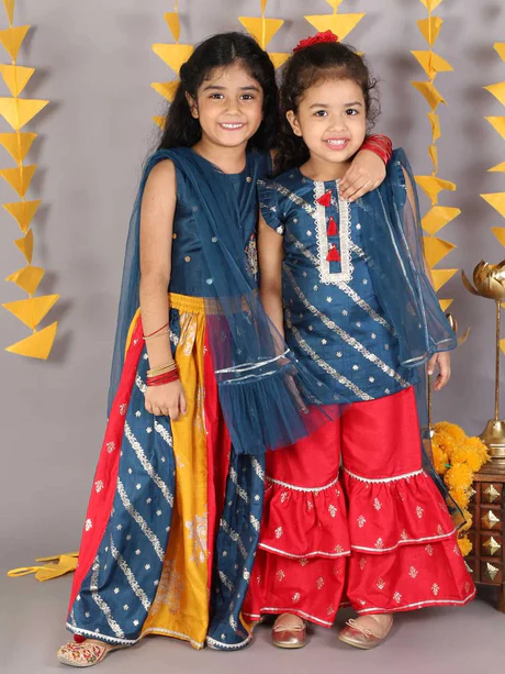 Girl - Blue Multicolor Lehanga Raw Silk