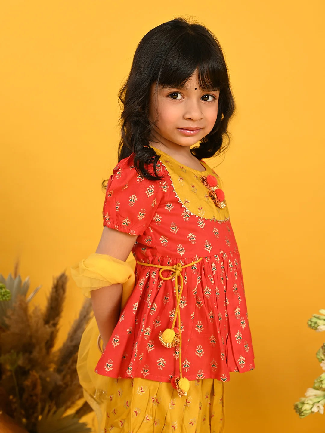 Girl - Red Cotton top with Mustard Dhoti