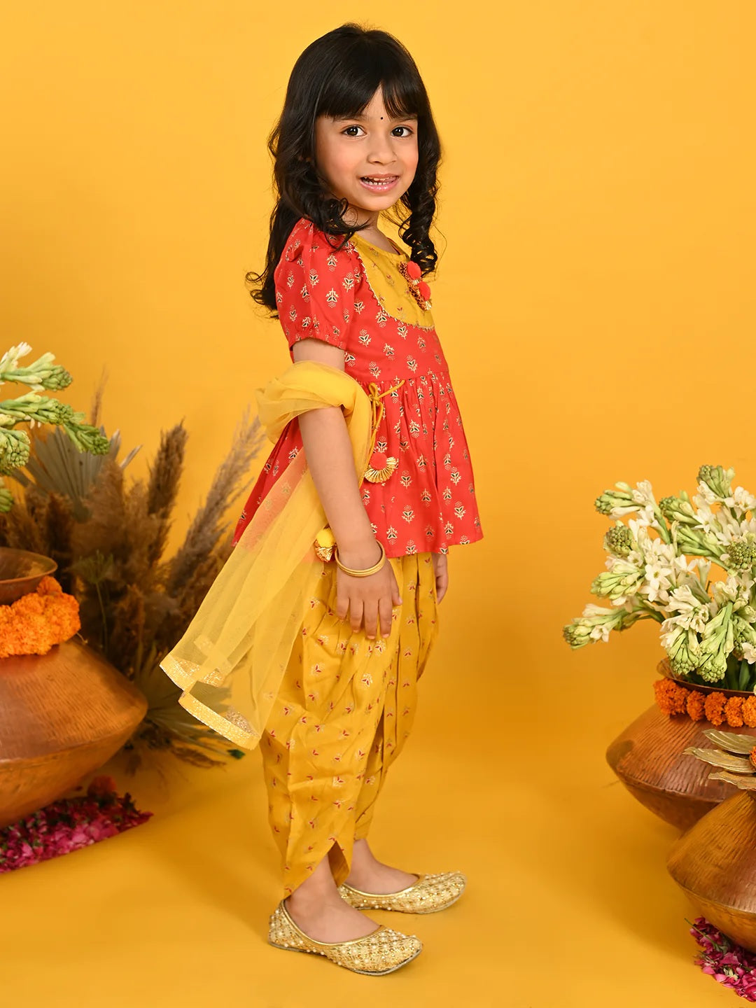 Girl - Red Cotton top with Mustard Dhoti