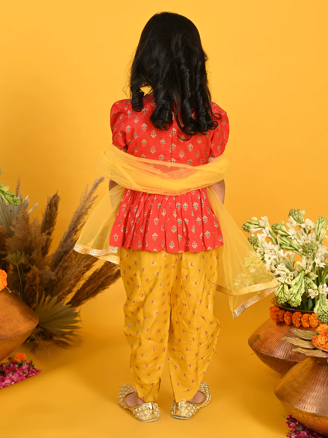 Girl - Red Cotton top with Mustard Dhoti