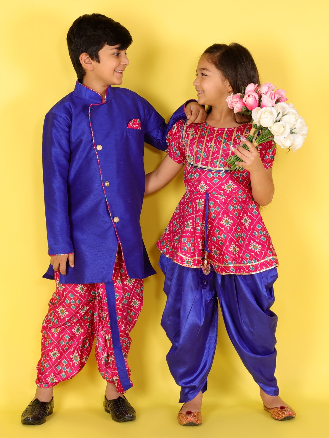 Girl - Pink & Blue Kurta with Dhoti Set