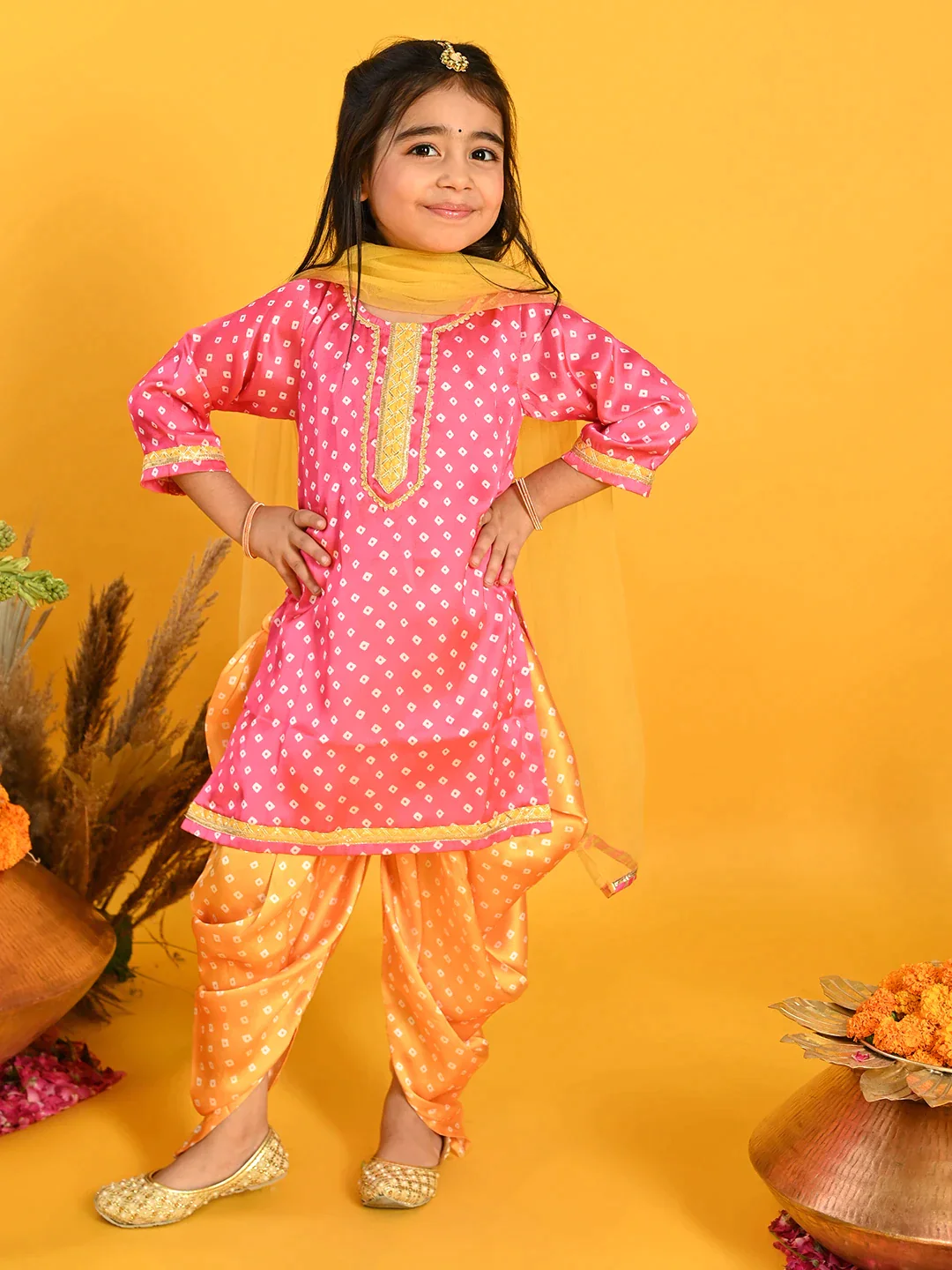 Girl - Pink & Mustard Silk Bandhani Kurta Dhoti With Dupatta