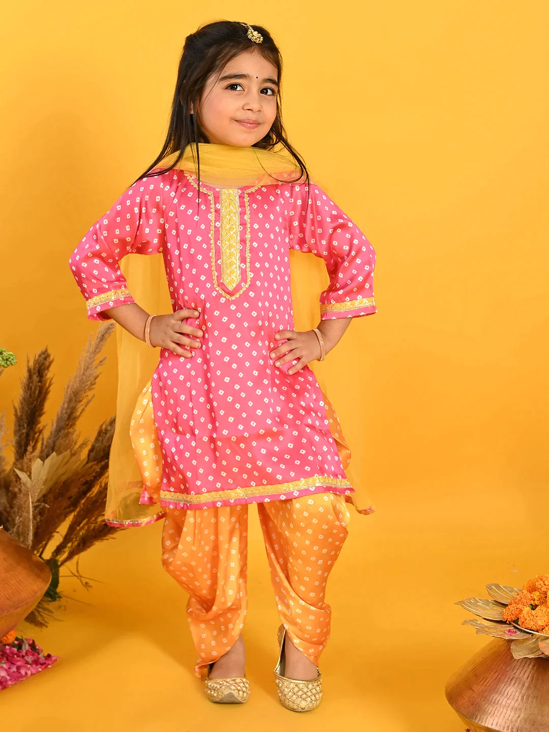 Girl - Pink & Mustard Silk Bandhani Kurta Dhoti With Dupatta