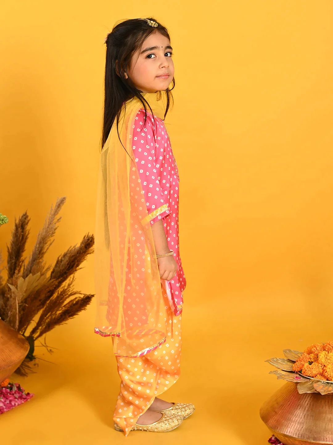 Girl - Pink & Mustard Silk Bandhani Kurta Dhoti With Dupatta