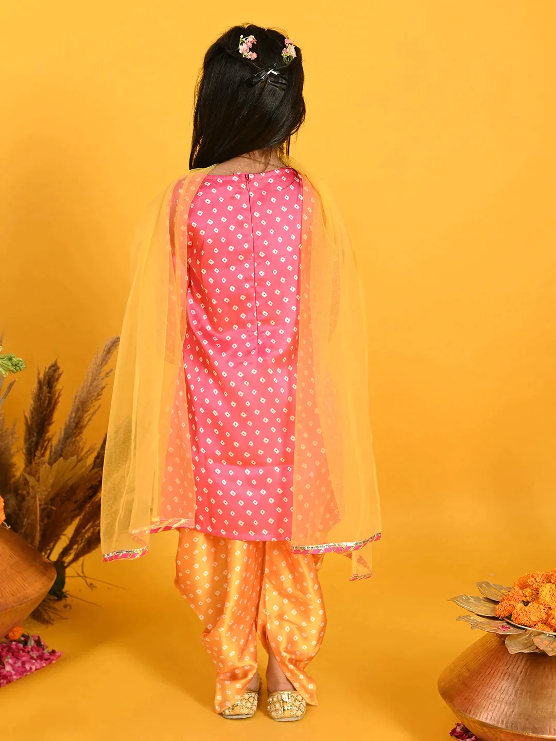 Girl - Pink & Mustard Silk Bandhani Kurta Dhoti With Dupatta