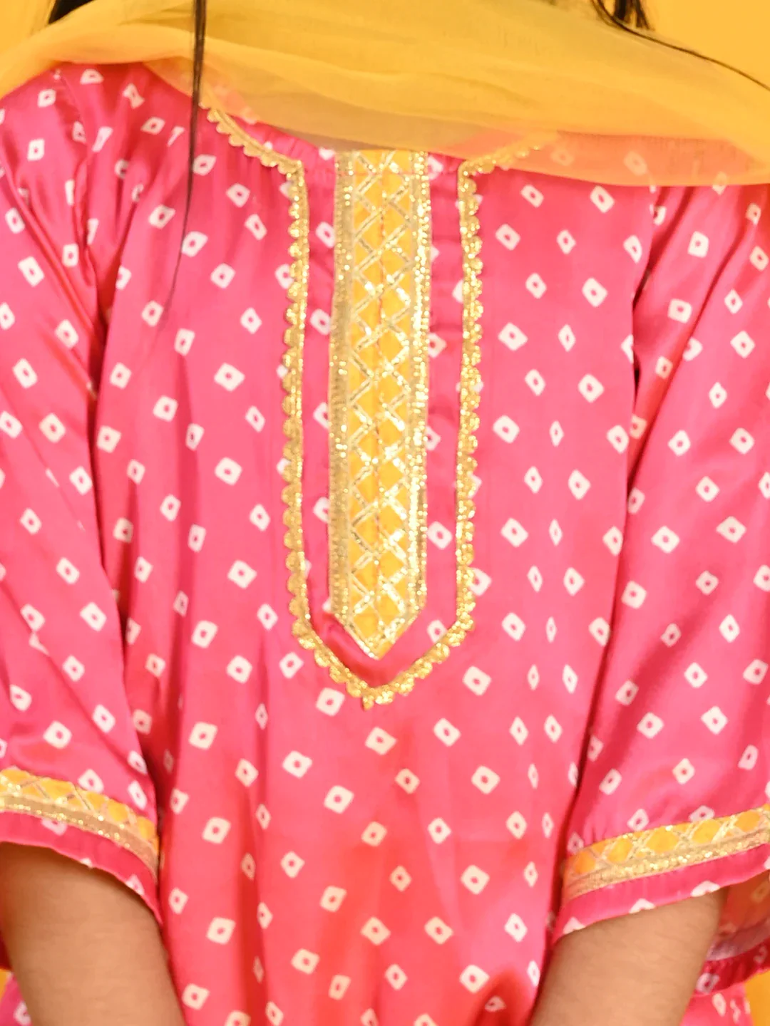 Girl - Pink & Mustard Silk Bandhani Kurta Dhoti With Dupatta