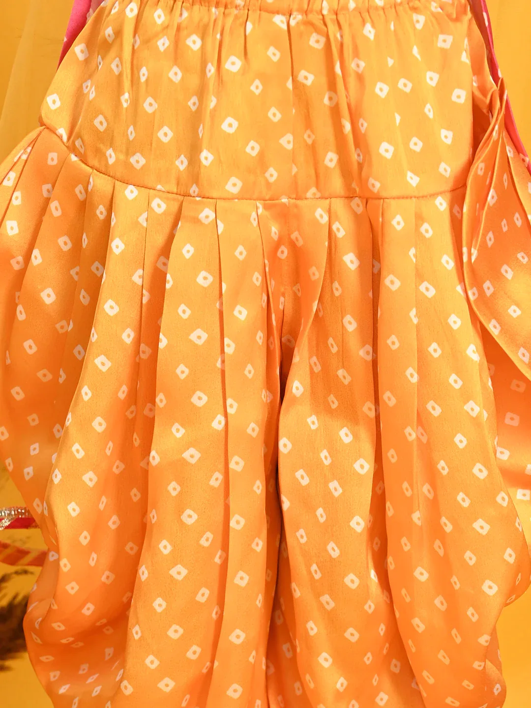 Girl - Pink & Mustard Silk Bandhani Kurta Dhoti With Dupatta