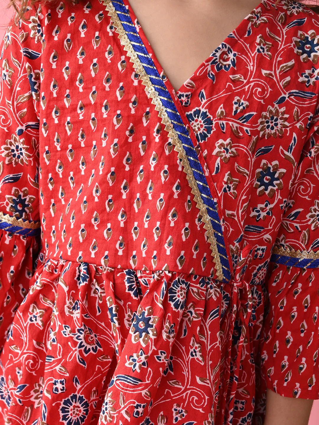 Girl - Red Bandhni Printed Kurta & Dhoti