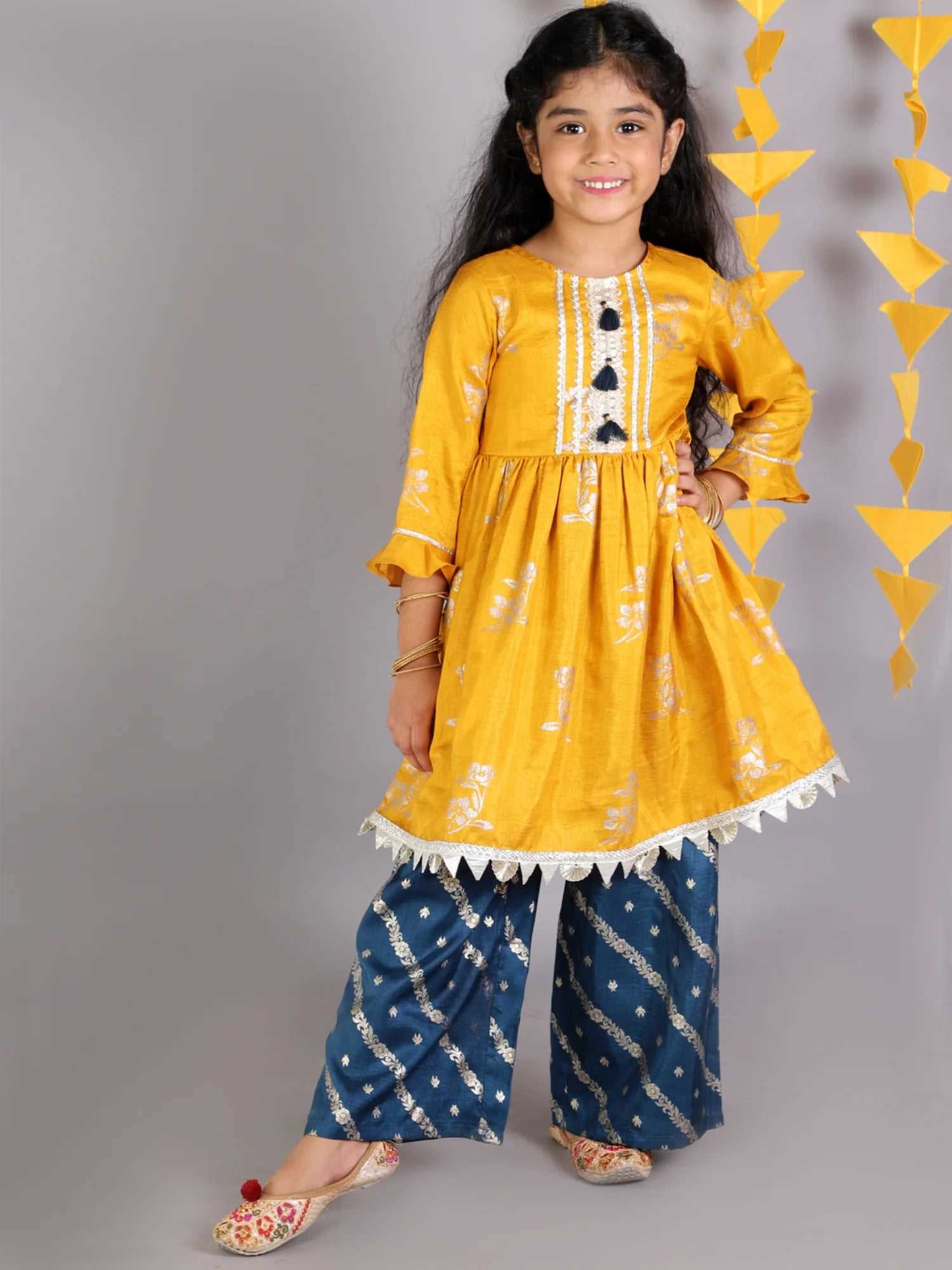 Girl - Blue & Yellow Kurta Plazzos Set