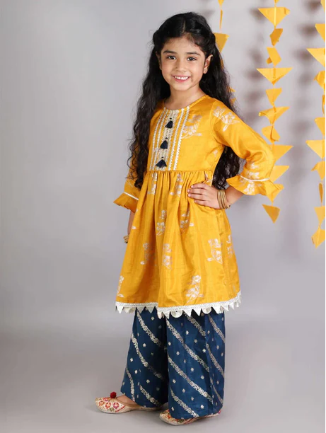 Girl - Blue & Yellow Kurta Plazzos Set