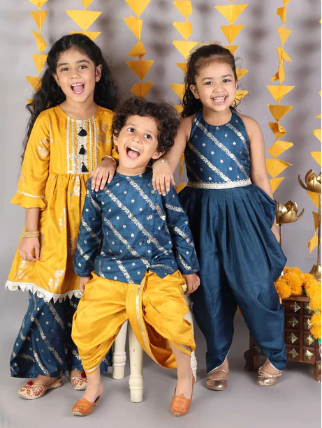 Girl - Blue & Yellow Kurta Plazzos Set