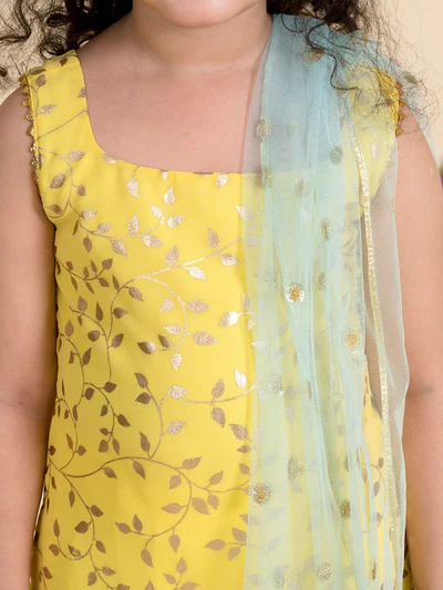 Girl - Yellow Sharara Set with Sea Green Dupatta